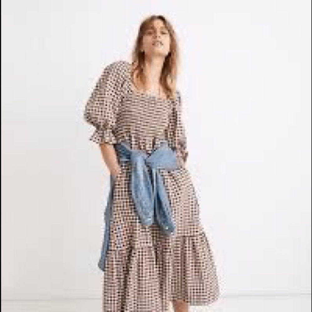 Madewell Lucie Elbow-Sleeve Smocked Midi Dress in Gingham